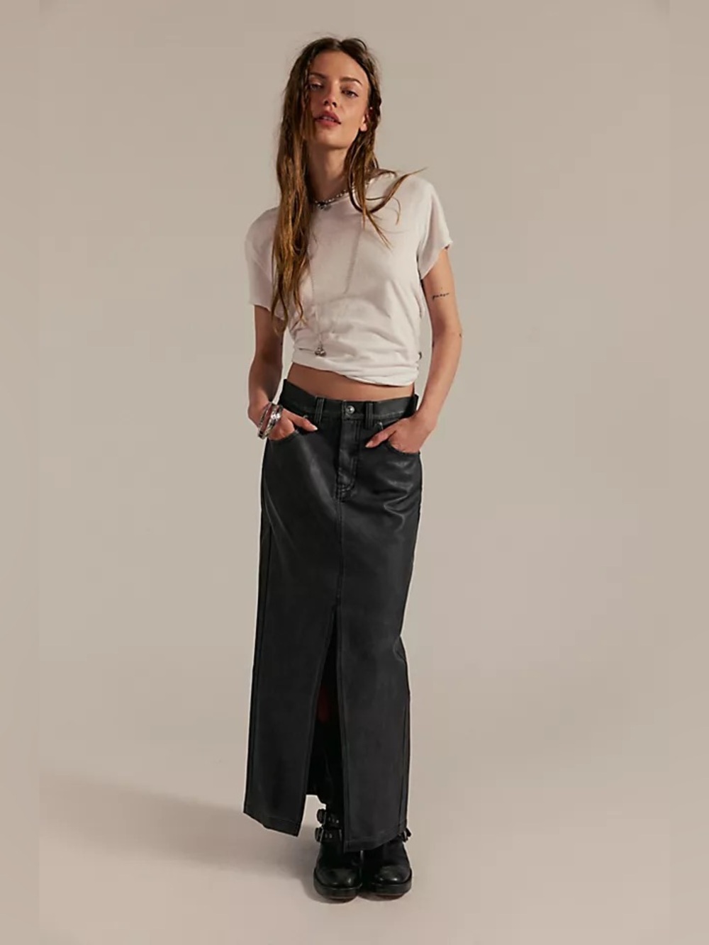 Free People Black Faux Leather Front Slit Maxi Skirt Size 8